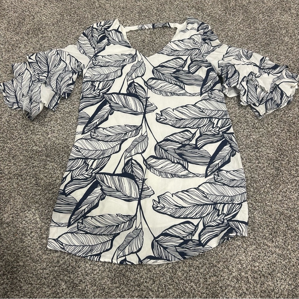 Linen Lux Dress Womens Small White/Blue Leaves Tropical Resort Vacation Cruise